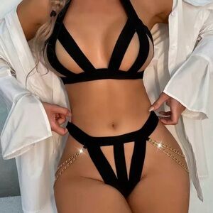 New Black Strappy Lingerie with Gold Chain Accents size M